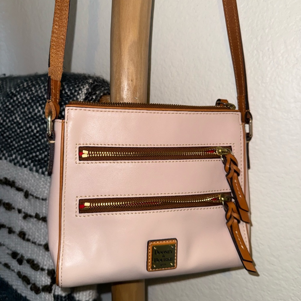 Dooney & Bourke Pink and Tan Crossbody Bag with Gold Accents